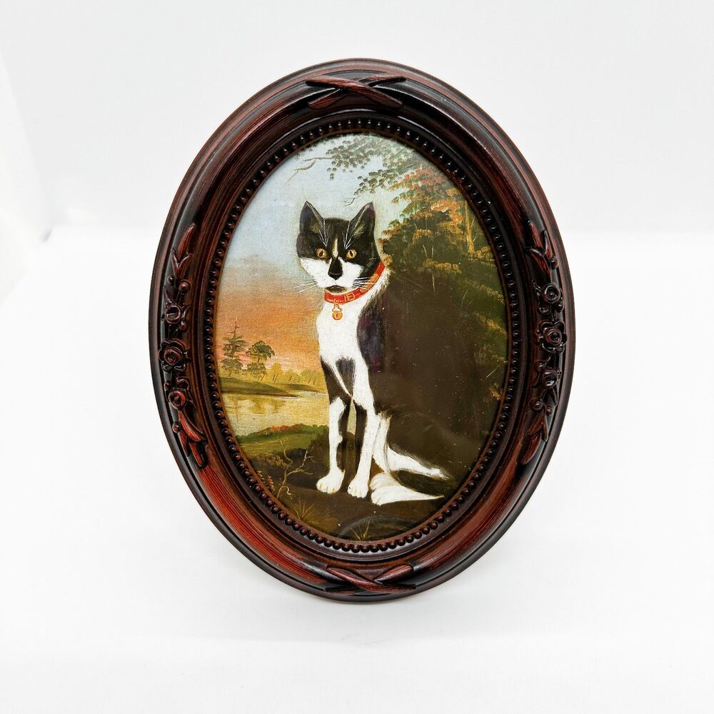 Vintage Framed Postcard Cow Cat Faux Wood